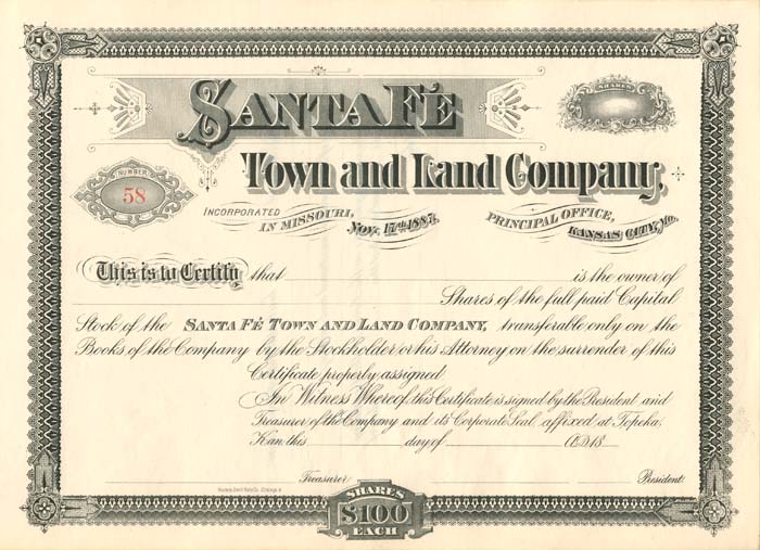 Santa Fe Town and Land Co. - Land Stock Certificate - Branch Company of the Atchison Topeka Santa Fe Railway